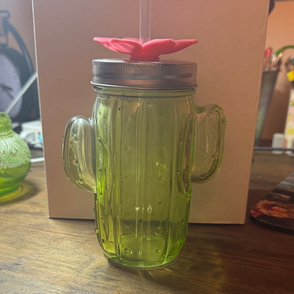 Green Cactus Glass Jar with Pink Flower Lid
